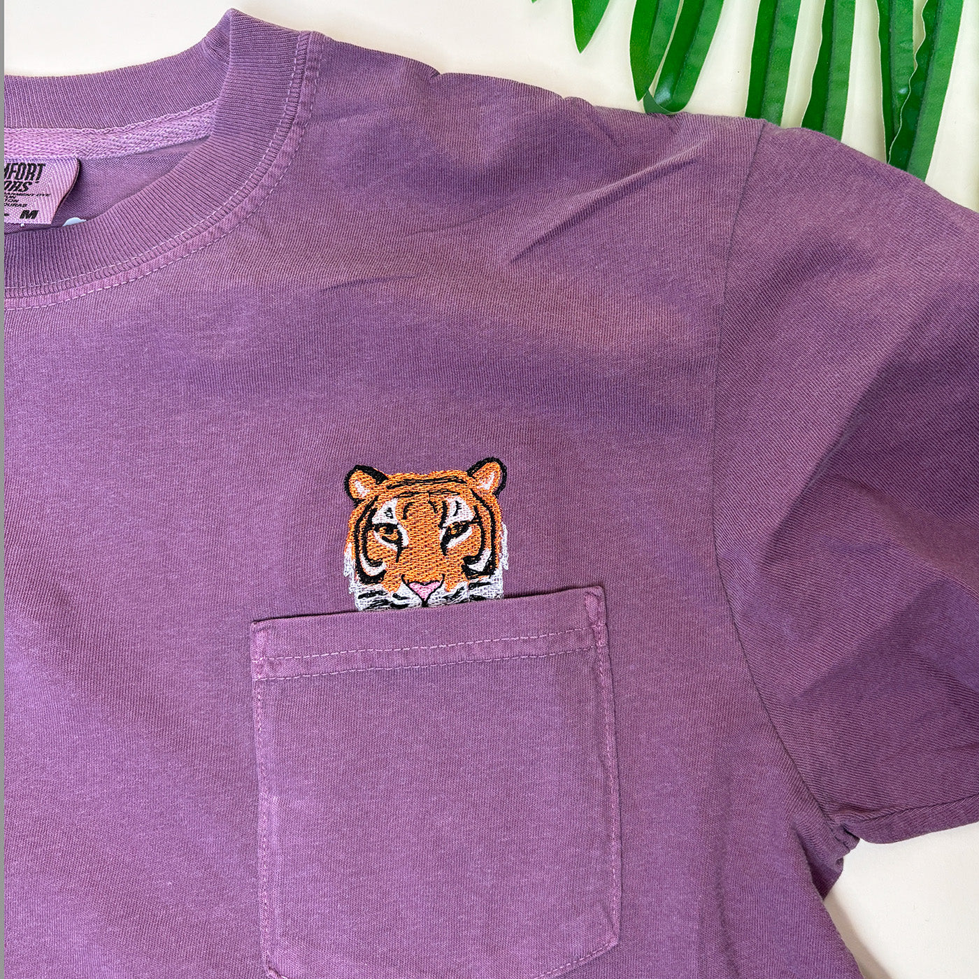 Embroidered Tiger Pocket Tee – Unisex Cotton Wildlife Shirt