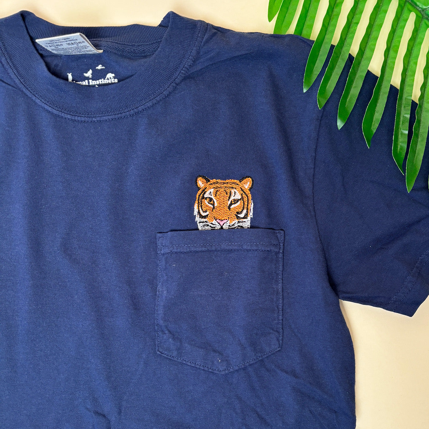 Embroidered Tiger Pocket Tee – Unisex Cotton Wildlife Shirt