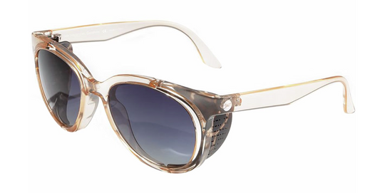 clear oval sunglasses with deep blue lenses