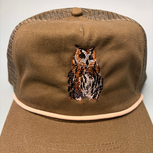 Embroidered Great Horned Owl Mesh Back Trucker Hat- Olive Green
