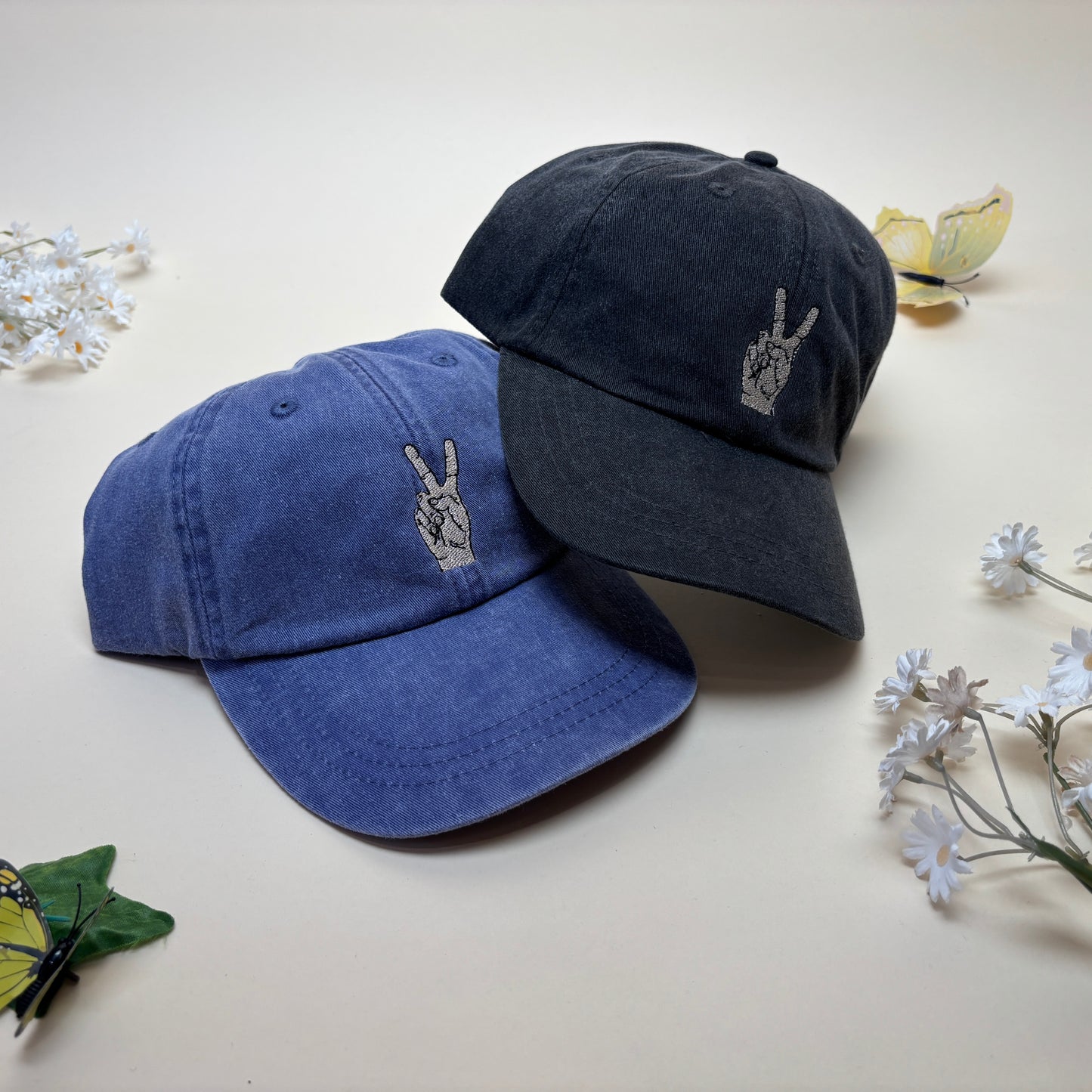 Embroidered Peace Sign Dad Hat – Washed Denim
