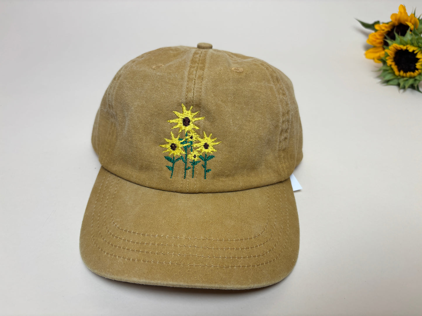 Embroidered Sunflower Dad Hat – Washed Denim