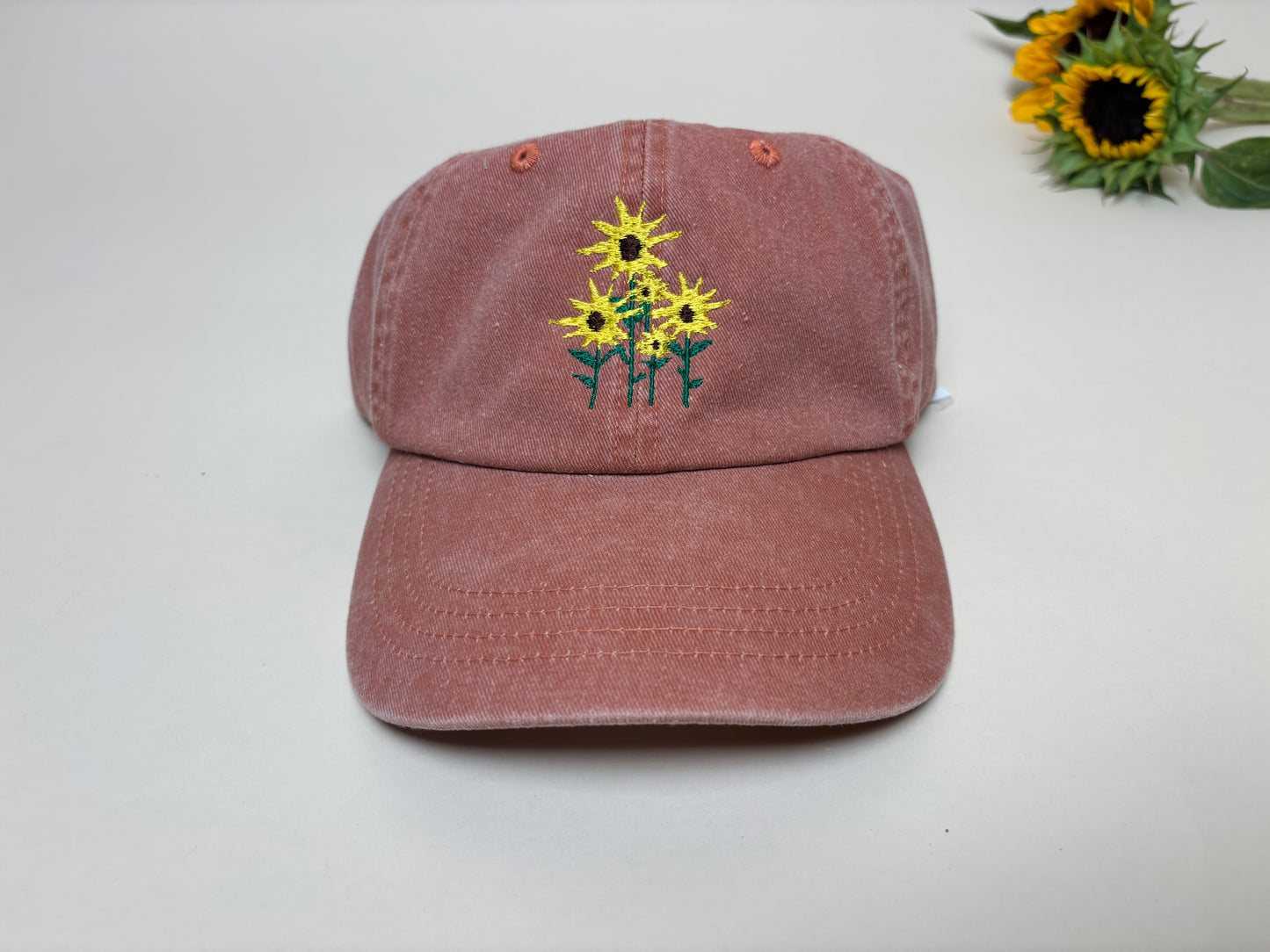 Embroidered Sunflower Dad Hat – Washed Denim