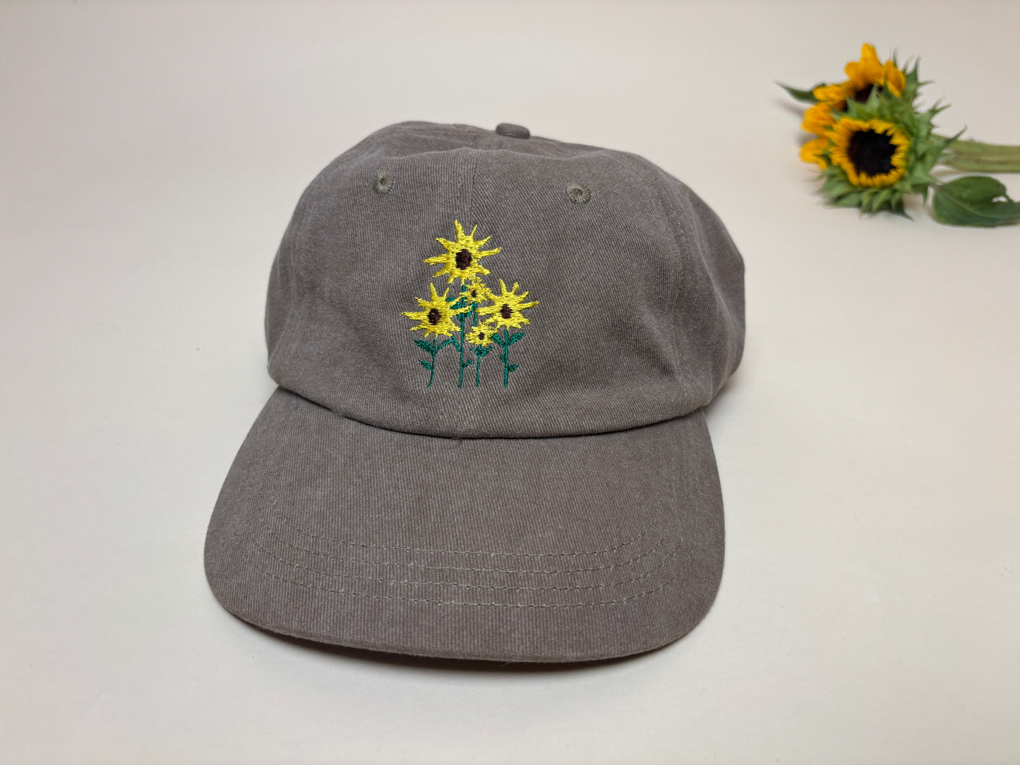 Embroidered Sunflower Dad Hat – Washed Denim