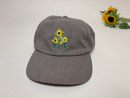 Embroidered Sunflower Dad Hat – Washed Denim