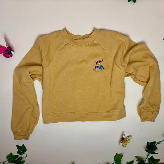 Ladies Embroidered Mushroom–Frog Cropped Crew Sweater