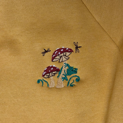 Ladies Embroidered Mushroom–Frog Cropped Crew Sweater