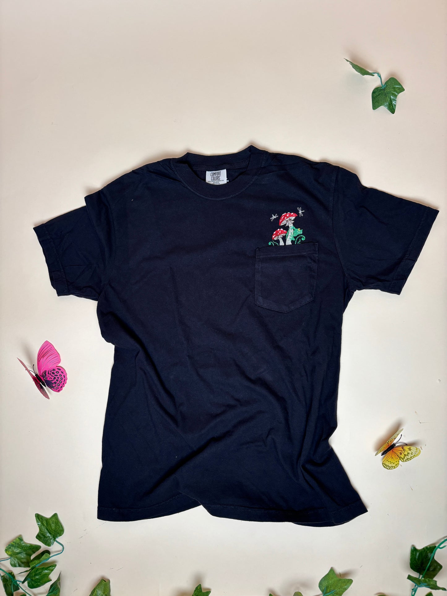 Unisex Embroidered Mushroom - Frog Pocket Tee