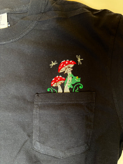Unisex Embroidered Mushroom - Frog Pocket Tee