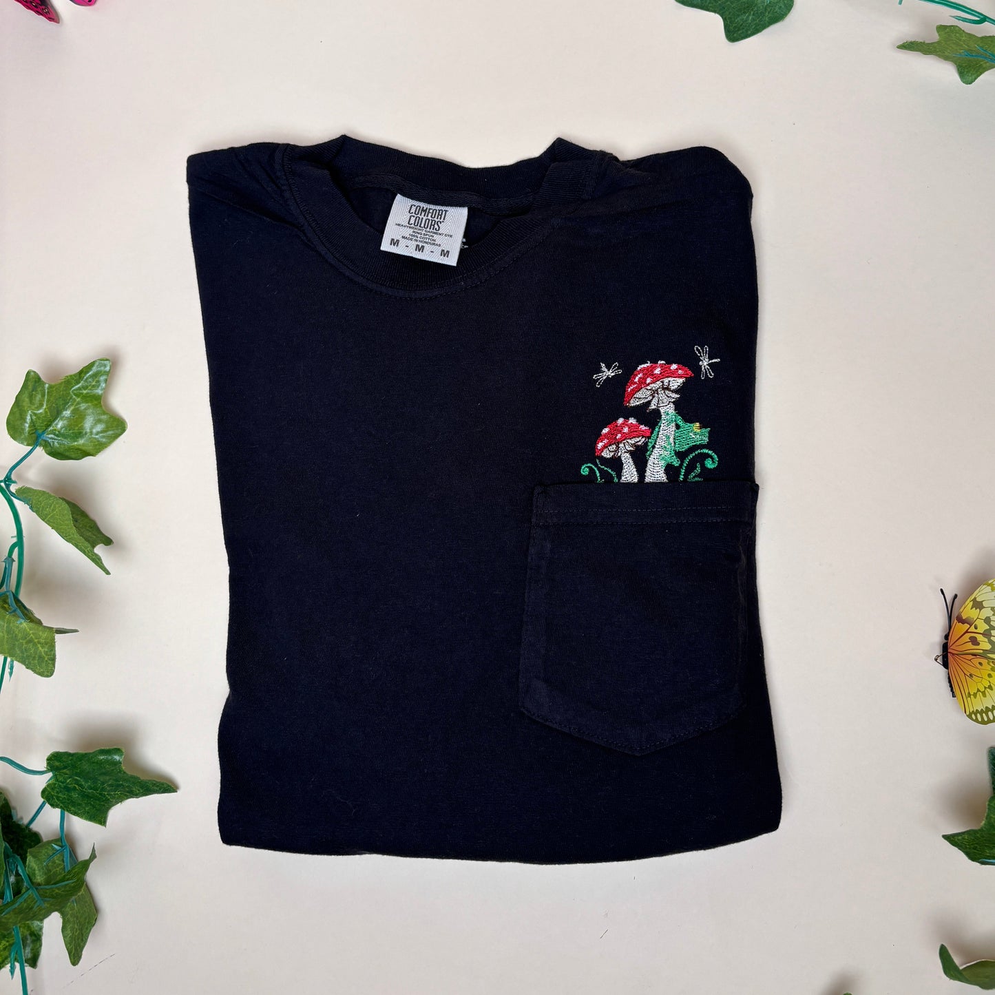 Unisex Embroidered Mushroom - Frog Pocket Tee