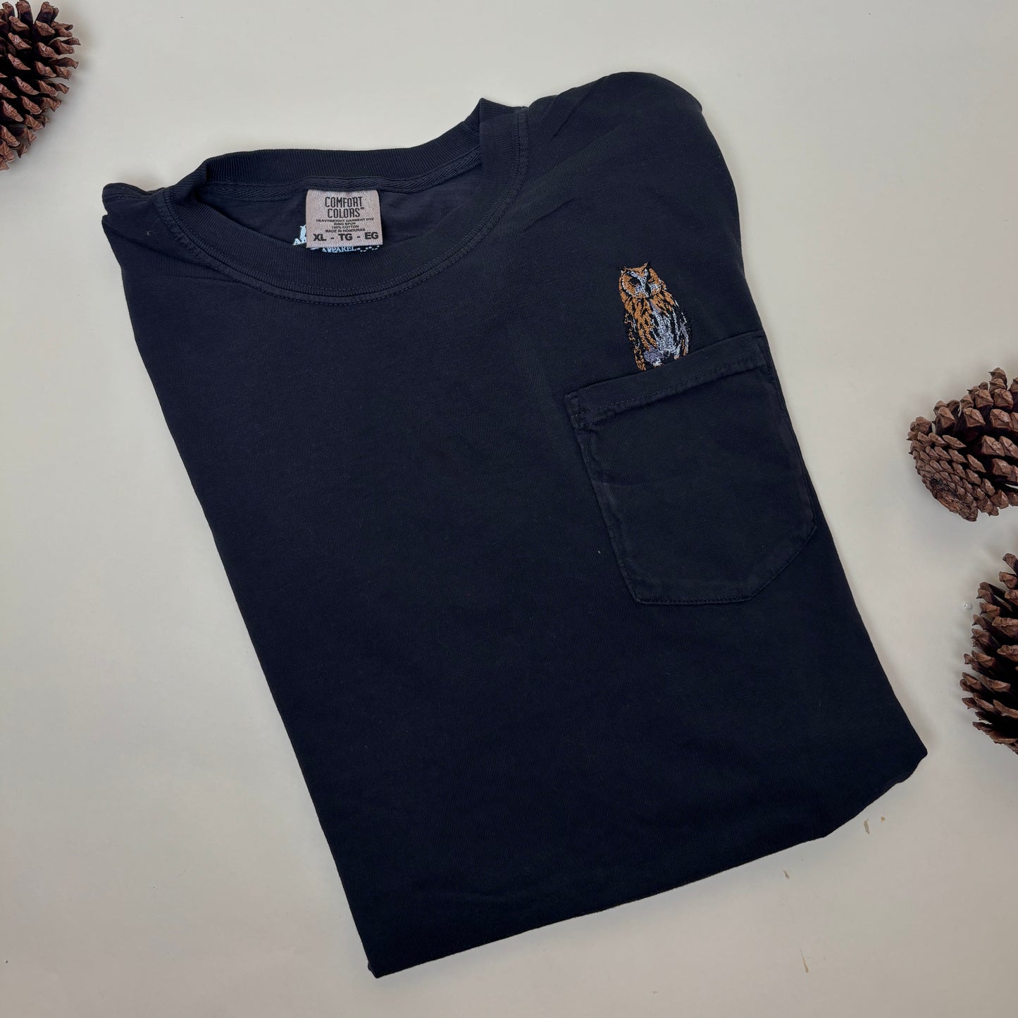 Embroidered Great Horned Owl Cotton Pocket Tee - Unisex Nature-Inspired Shirt for Bird Lovers