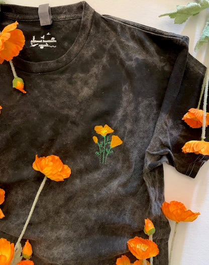 California Poppy Embroidered Unisex Shirt MINERAL WASH Tee - MADE IN USA