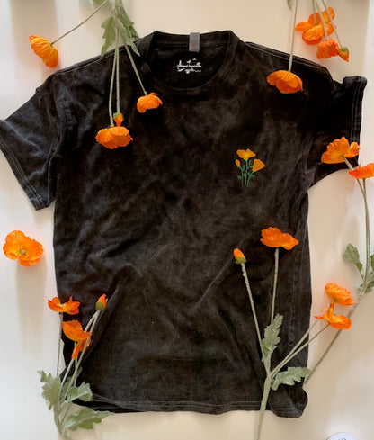 California Poppy Embroidered Unisex Shirt MINERAL WASH Tee - MADE IN USA