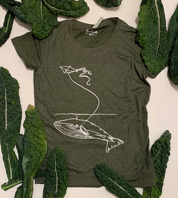 Women's Organic Cotton Blend Tee - Whale With Kite -Navy and Green