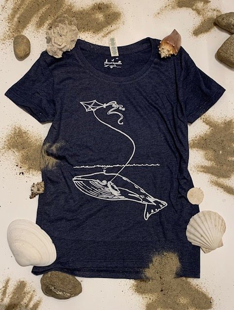 Women's Organic Cotton Blend Tee - Whale With Kite -Navy and Green