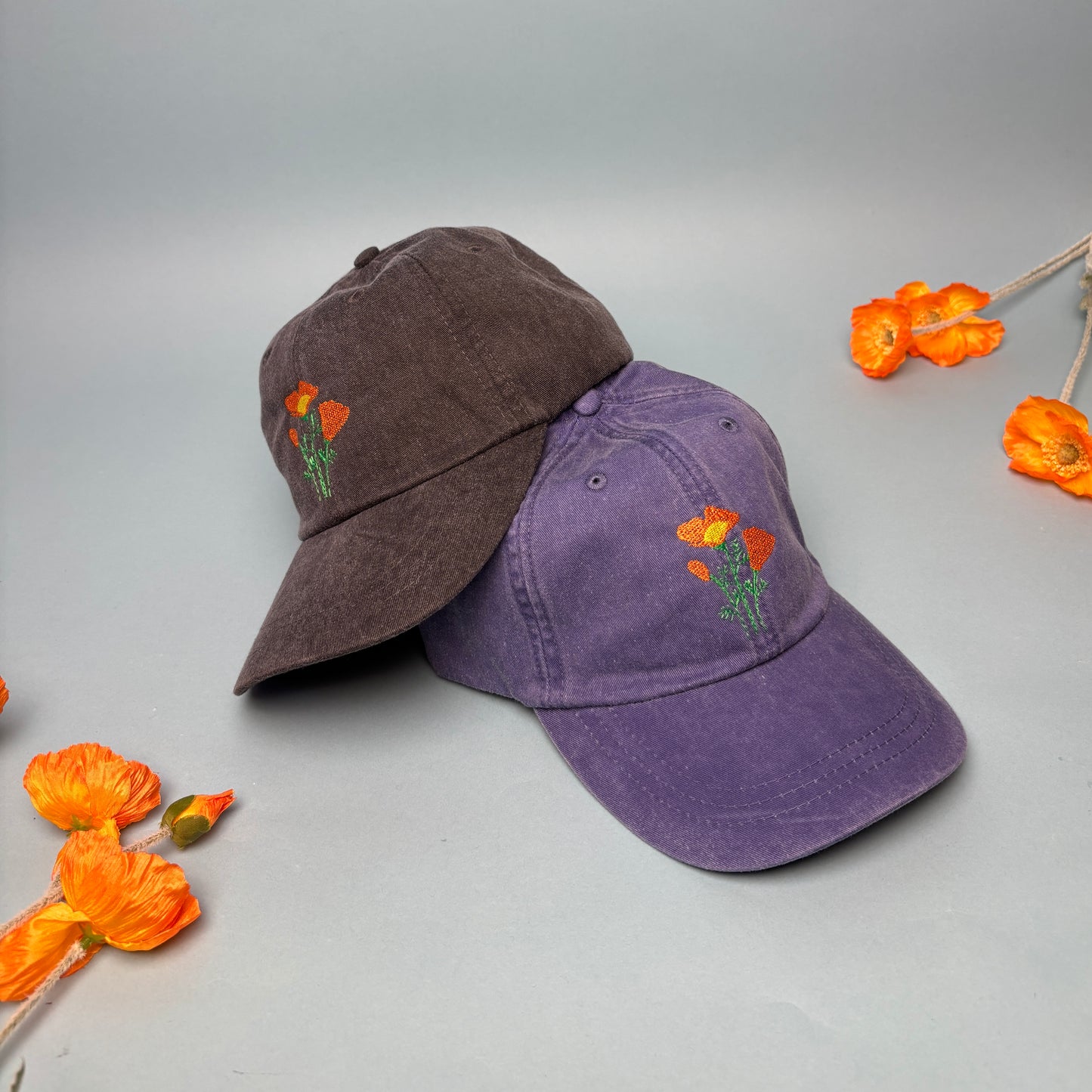 Embroidered California Poppy Dad Hat with Leather Strap
