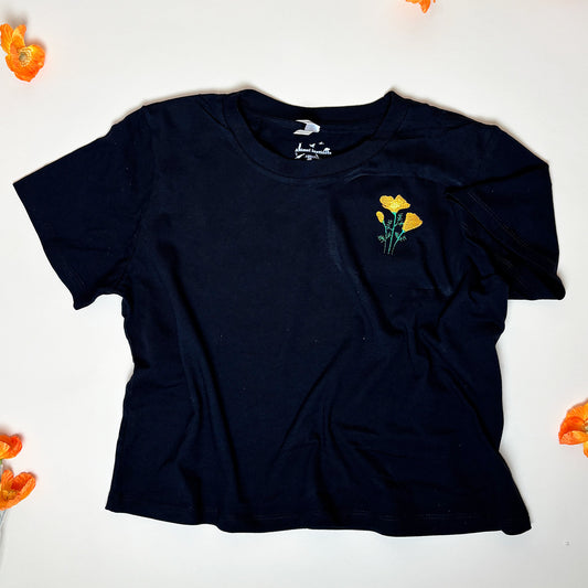 USA Made - Embroidered Poppies Ladies Cropped Tee