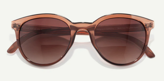 see through warm brown frames with deep red-purple lenses