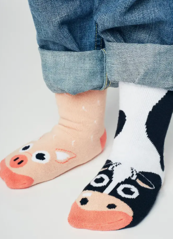 Cow & Pig Mismatched Non-Slip Kids Socks - Size 1-3yrs