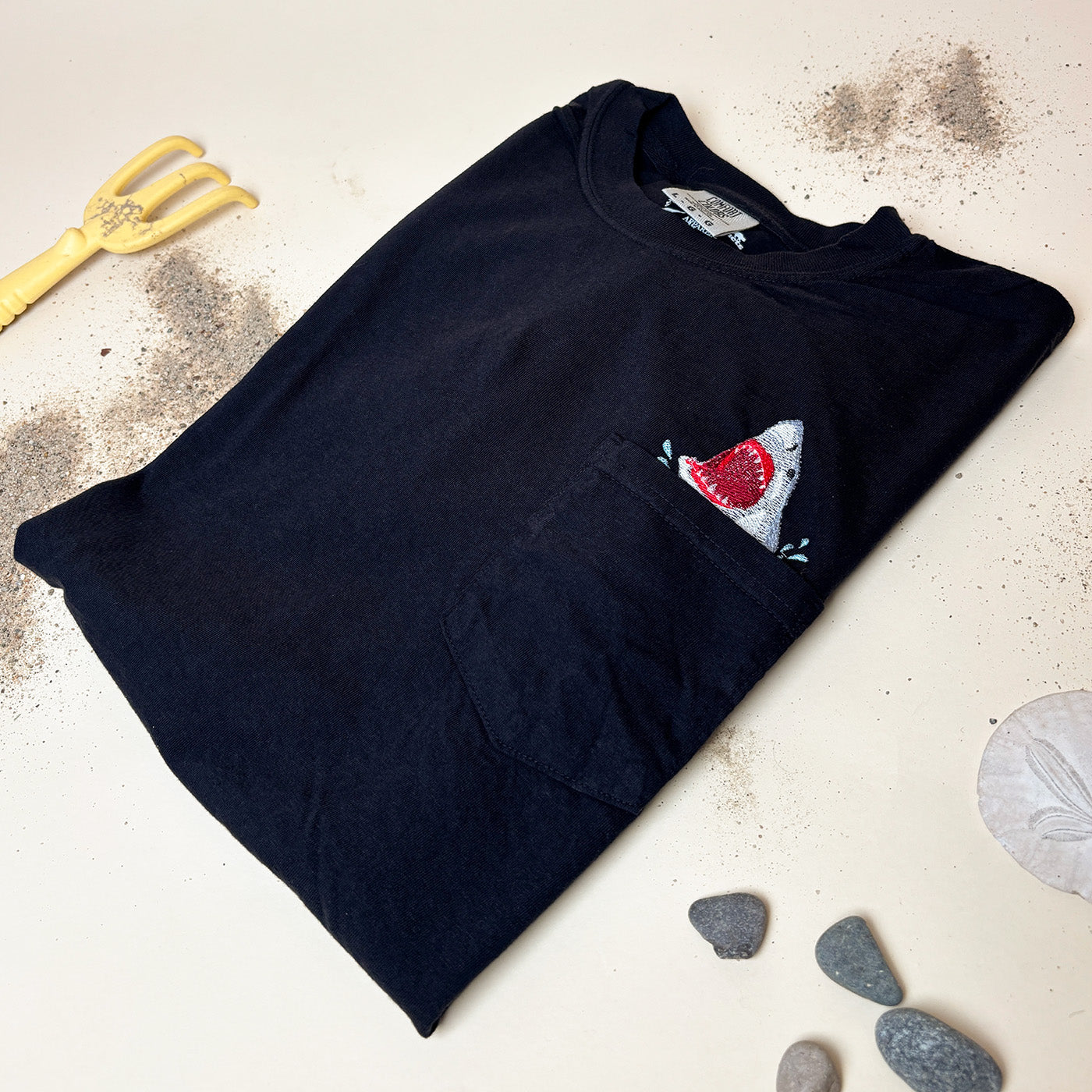 Embroidered Shark Pocket Tee - Unisex Cotton Comfort Colors