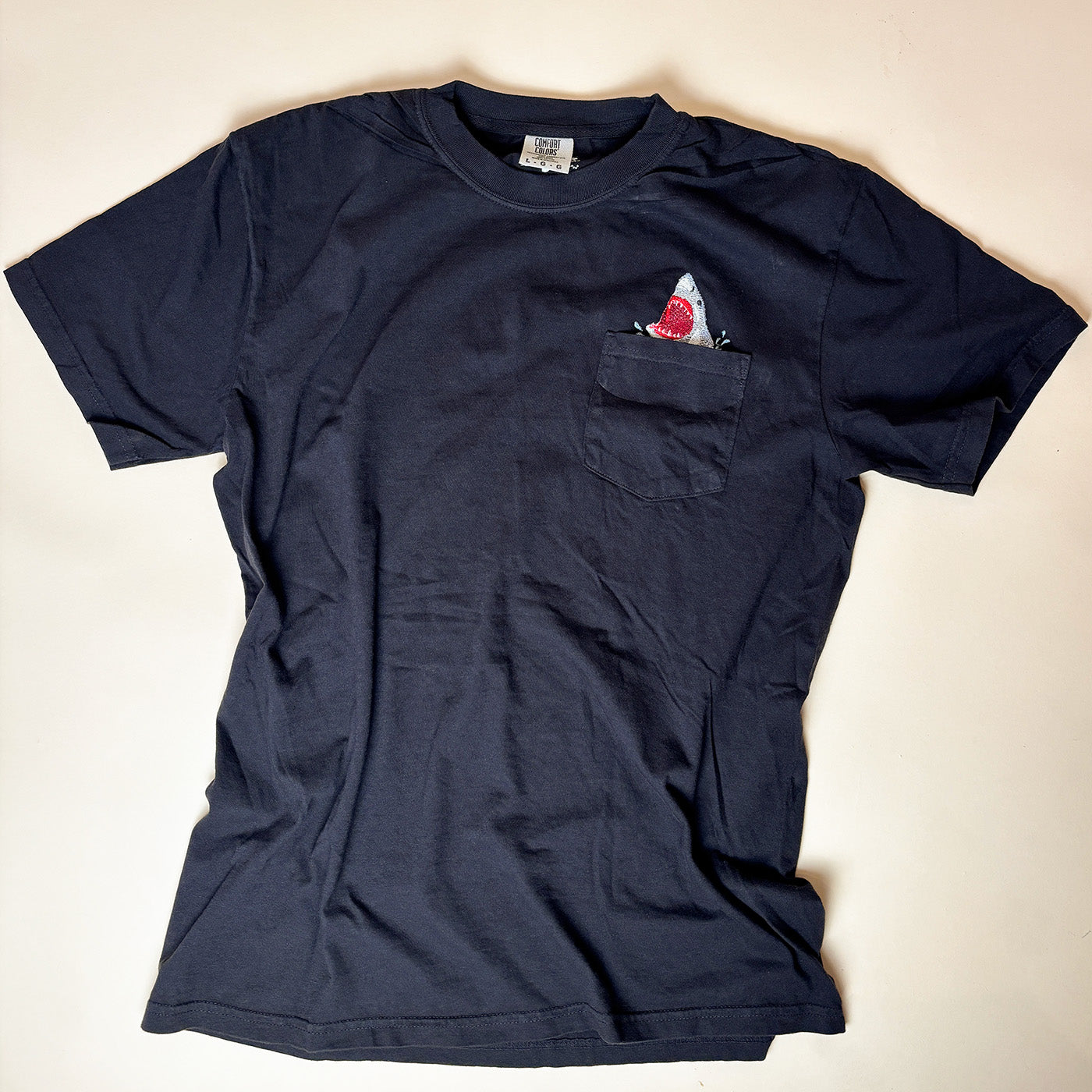 Embroidered Shark Pocket Tee - Unisex Cotton Comfort Colors