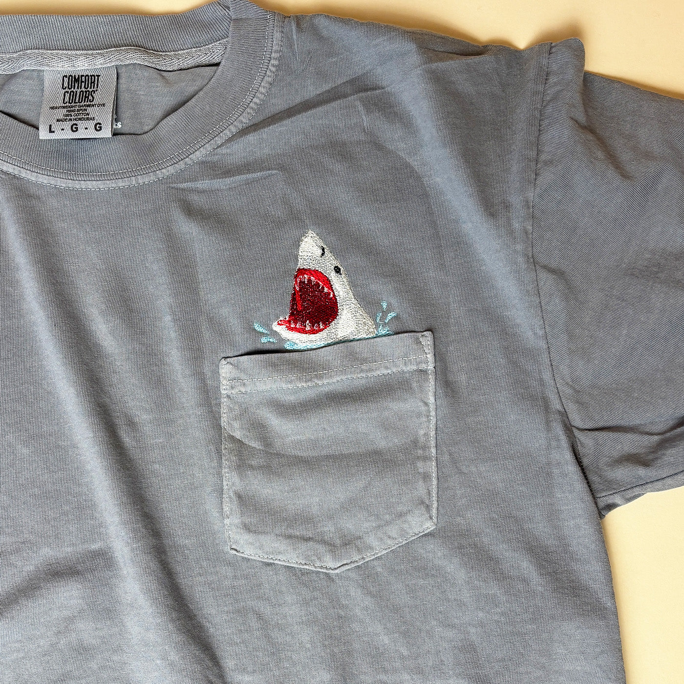 Embroidered Shark Pocket Tee - Unisex Cotton Comfort Colors