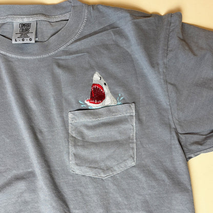 Embroidered Shark Pocket Tee - Unisex Cotton Comfort Colors