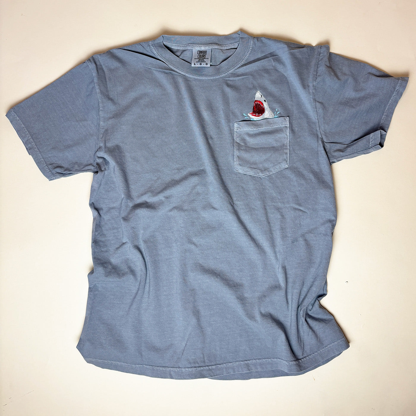 Embroidered Shark Pocket Tee - Unisex Cotton Comfort Colors