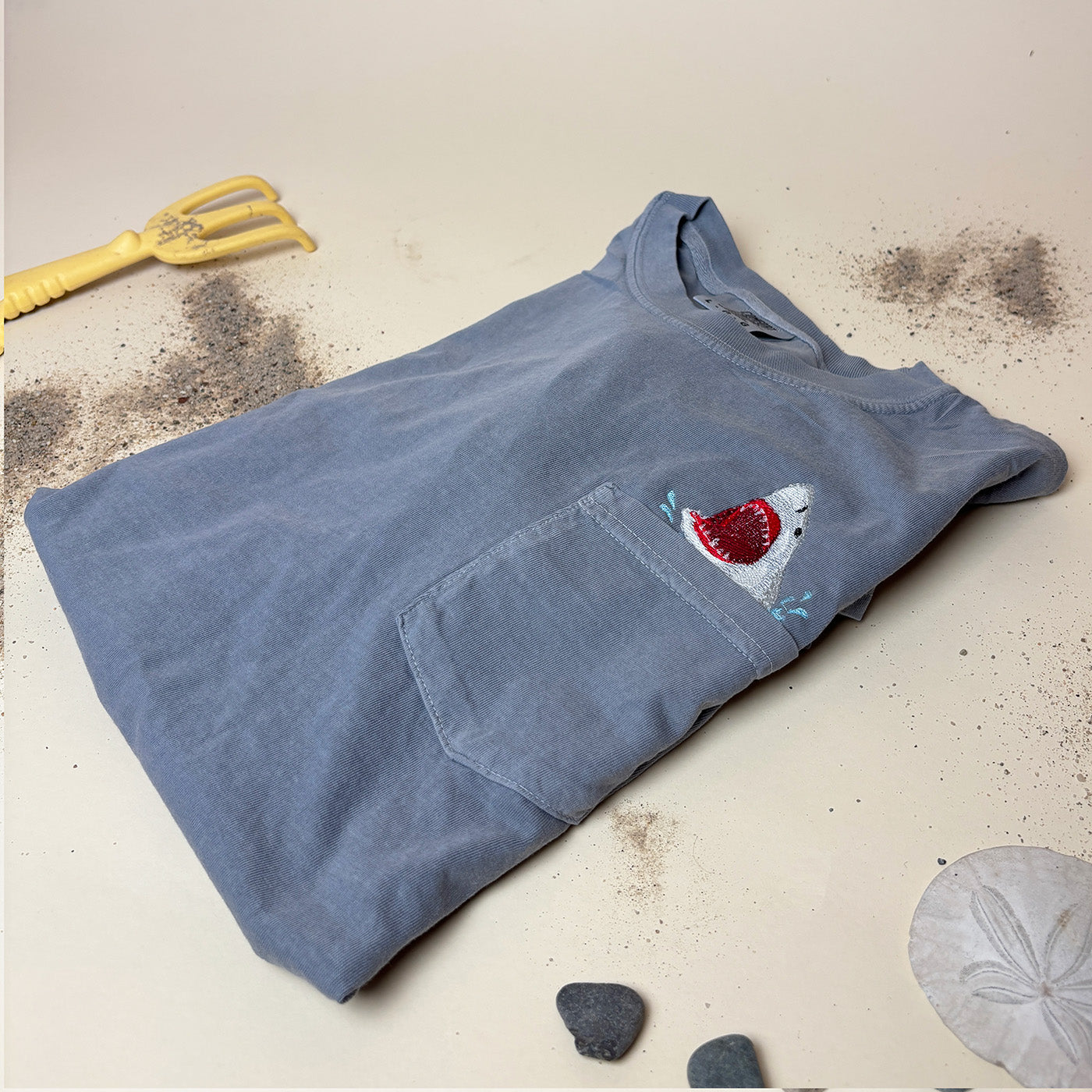 Embroidered Shark Pocket Tee - Unisex Cotton Comfort Colors