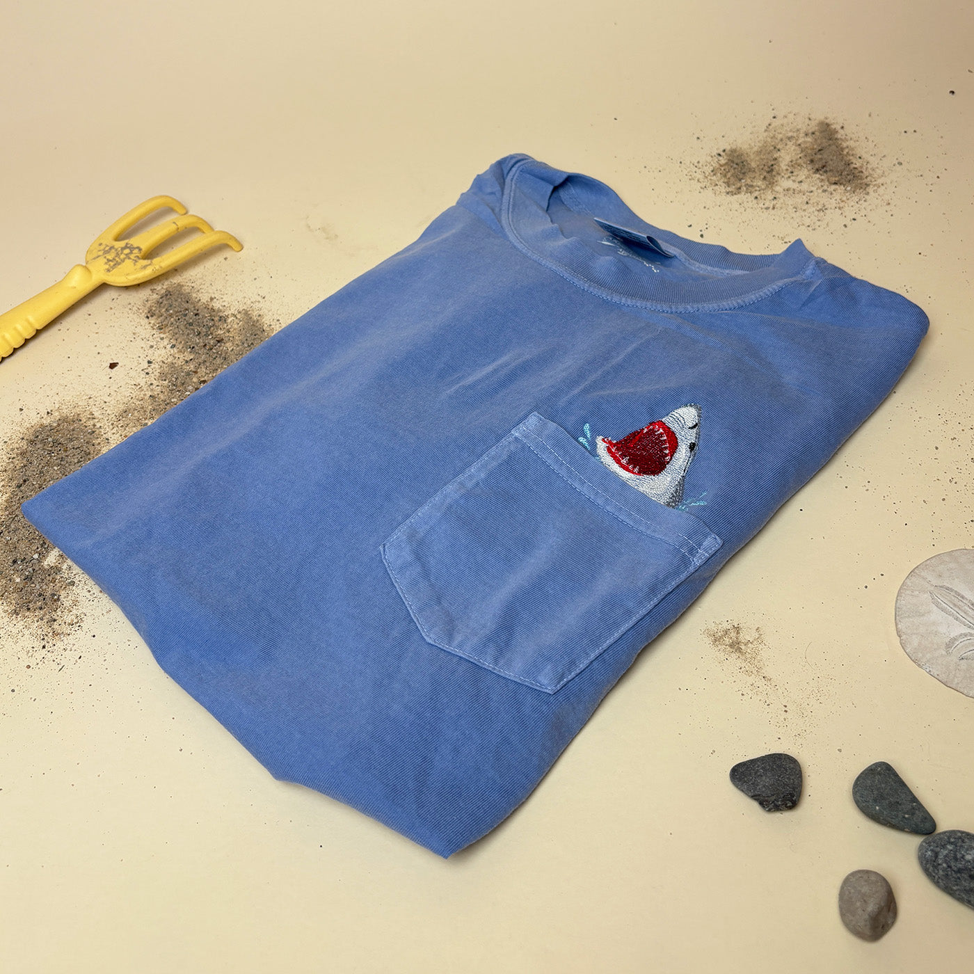 Embroidered Shark Pocket Tee - Unisex Cotton Comfort Colors