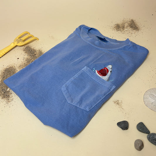 Embroidered Shark Pocket Tee - Unisex Cotton Comfort Colors