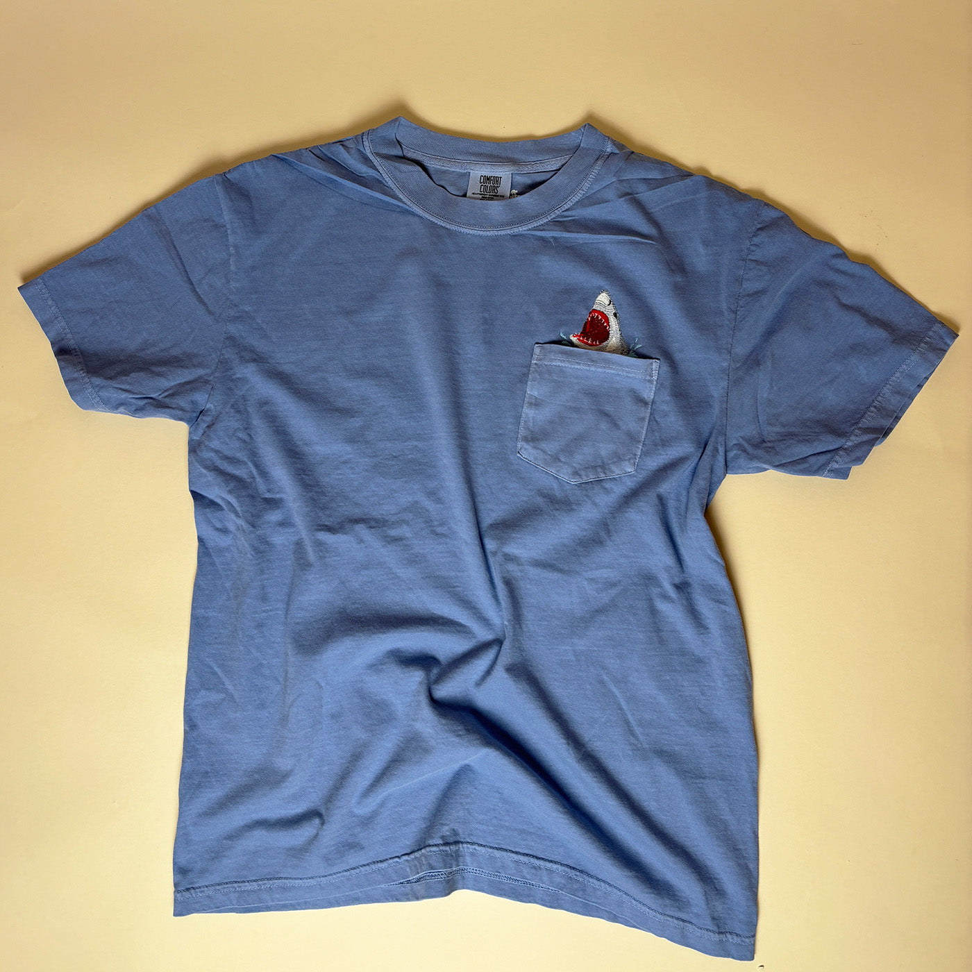 Embroidered Shark Pocket Tee - Unisex Cotton Comfort Colors
