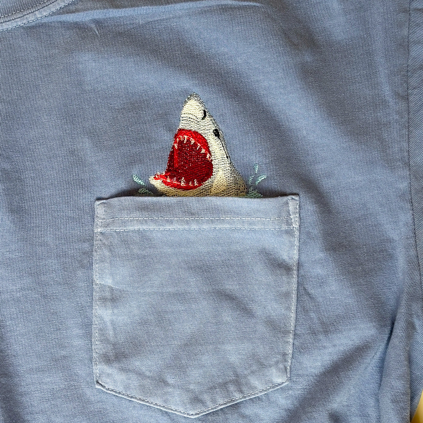 Embroidered Shark Pocket Tee - Unisex Cotton Comfort Colors
