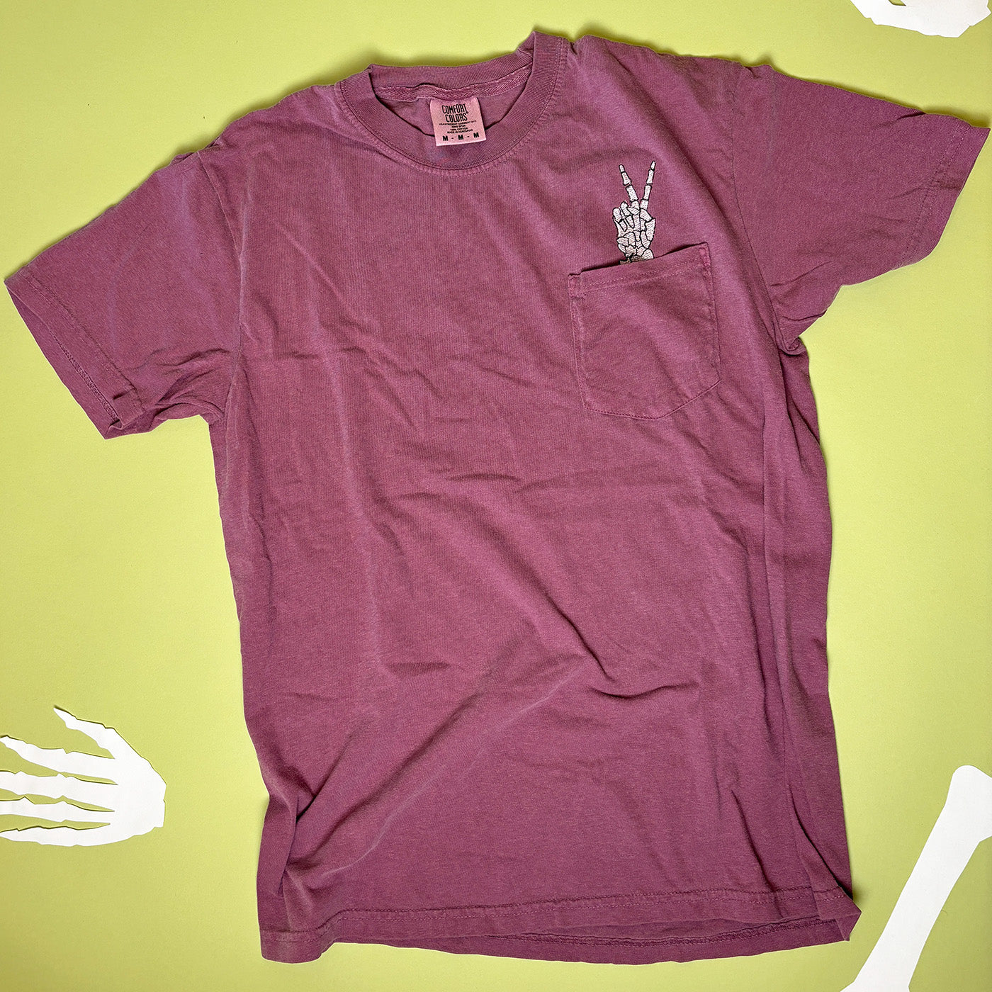 Unisex Embroidered Skeleton Peace Hand Pocket Tee