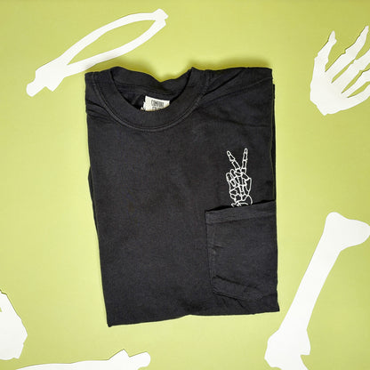 Unisex Embroidered Skeleton Peace Hand Pocket Tee