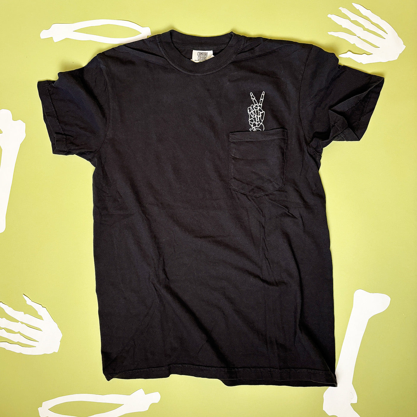 Unisex Embroidered Skeleton Peace Hand Pocket Tee