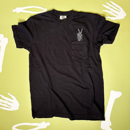 Unisex Embroidered Skeleton Peace Hand Pocket Tee