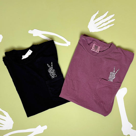 Unisex Embroidered Skeleton Peace Hand Pocket Tee