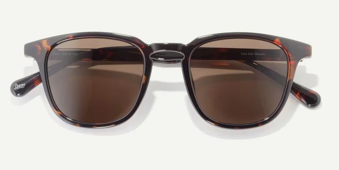 Sunglasses with tortoiseshell frame and brown lenses on a white background