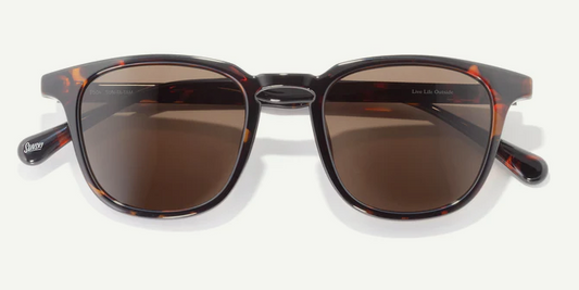 Sunglasses with tortoiseshell frame and brown lenses on a white background