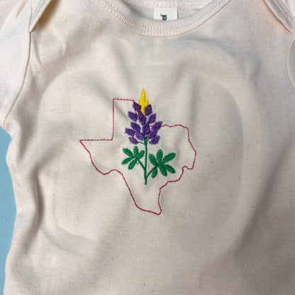 Texas Bluebonnet Onesie | Embroidered Texas State Outline | Organic Cotton Baby Bodysuit | Texas Baby Gift