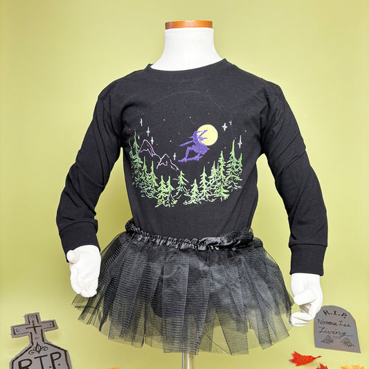 Toddler Witch Skateboarding Halloween Tutu Shirt – Long Sleeve