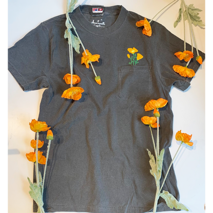 Made IN USA- Unisex Embroidered California Poppy Pocket Tee