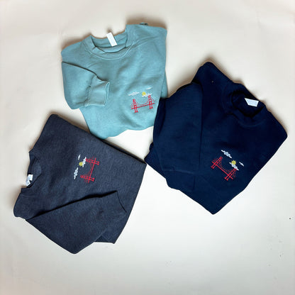 Golden Gate Bridge Embroidered Sweatshirt | Sun & Clouds Design | Unisex Cotton Fleece Crewneck