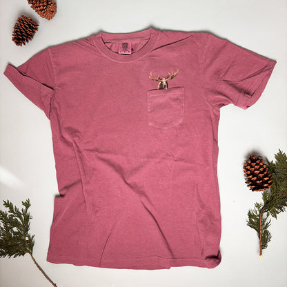 Embroidered Moose Cotton Pocket Tee - Unisex- Woodland Animals
