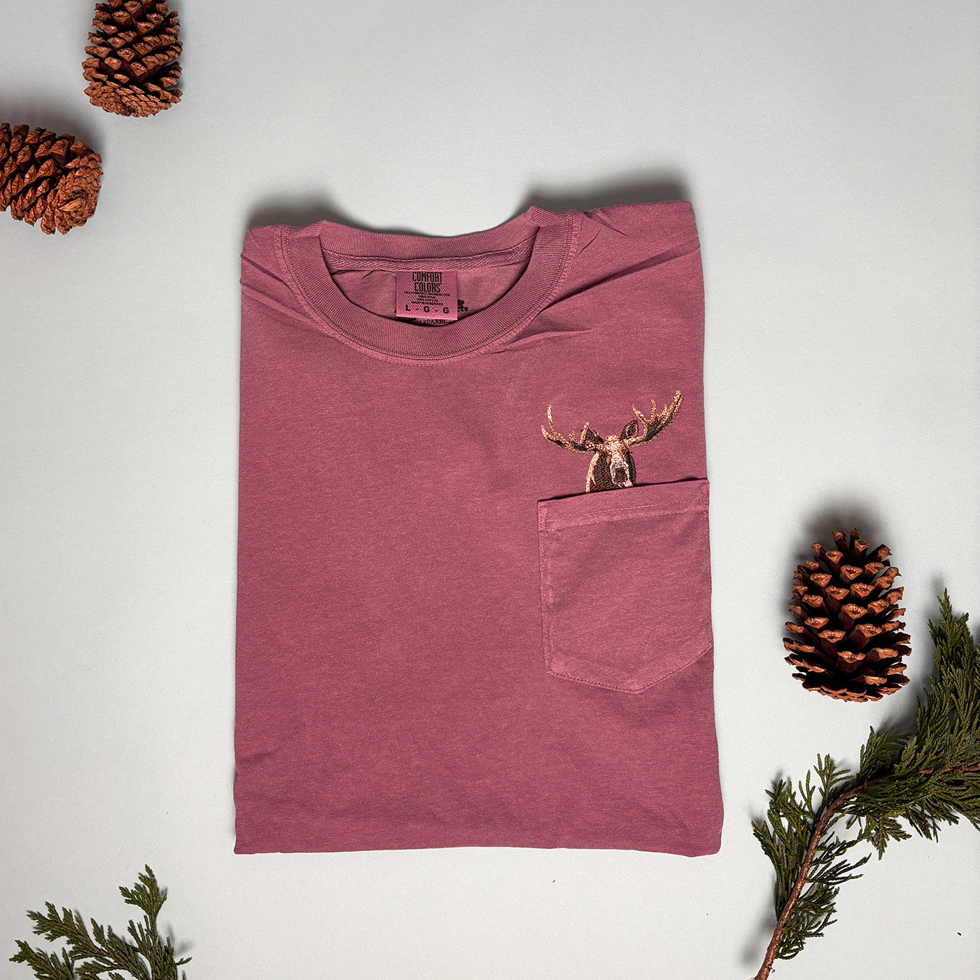 Embroidered Moose Cotton Pocket Tee - Unisex- Woodland Animals