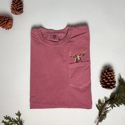 Embroidered Moose Cotton Pocket Tee - Unisex- Woodland Animals