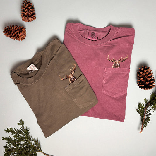 Embroidered Moose Cotton Pocket Tee - Unisex- Woodland Animals