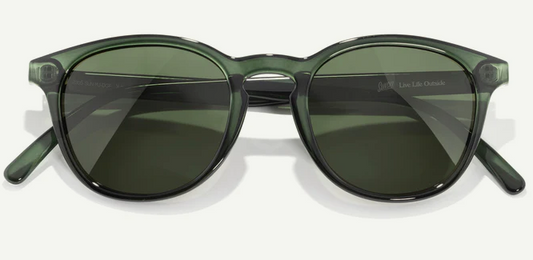 Green sunglasses with green lenses and a white background