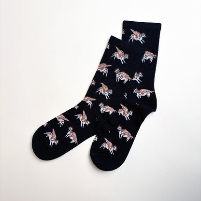 Flying Cow Socks in Black Cotton for Women Animal Print